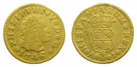 ESPAÑA. Felipe V (1700-1746). 1746. AJ. 1/2 escudo. Madrid. (AC 1639) (Cal. 577). 1,73 g Au. RARO. 
mbc