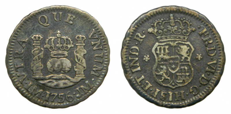 AMÉRICA. Fernando VI (1746-1759). 1756 JM. 1/2 real. Lima. (AC 58). Columnario....