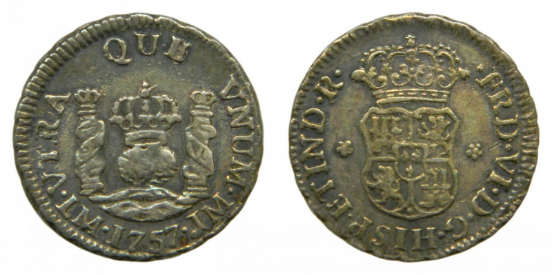AMÉRICA. Fernando VI (1746-1759). 1757 JM. 1/2 real. Lima. (AC 60). Columnario....