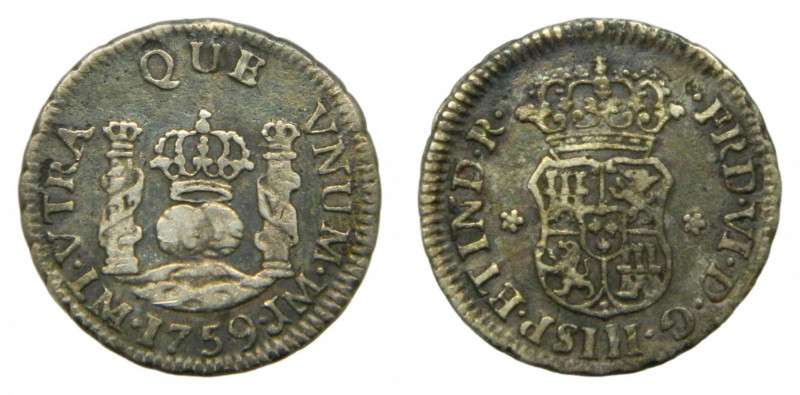 AMÉRICA. Fernando VI (1746-1759). 1759 JM. 1/2 real. Lima. (AC 63 var). Columnar...