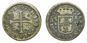 ESPAÑA. Fernando VI (1746-1759). 1759 JV. 1/2 real. Sevilla. (AC 124) 1,32 g AR.
mbc-