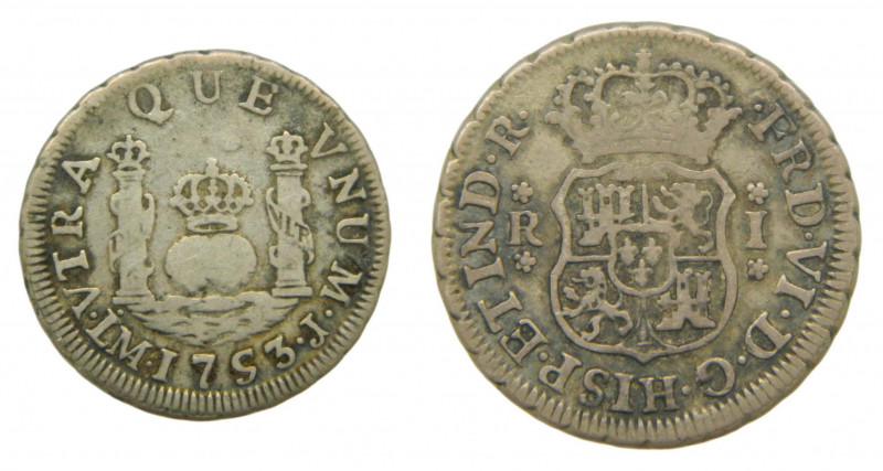 AMÉRICA. Fernando VI (1746-1759). 1753 J. 1 real. Lima. Columnario. Punto sobre ...