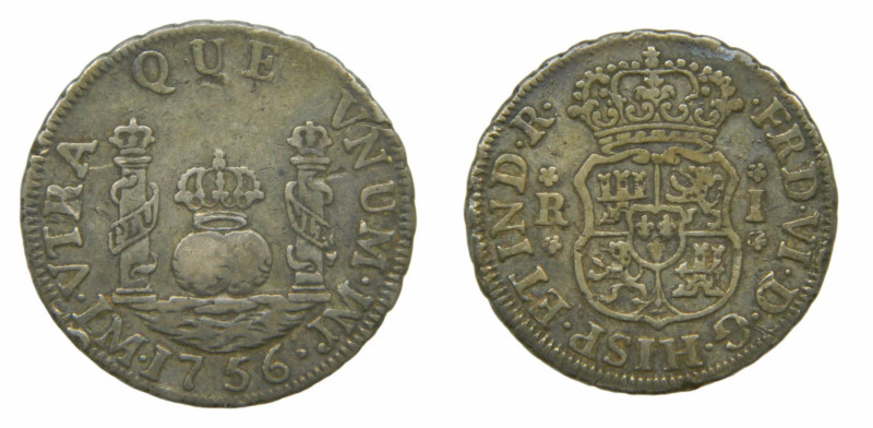 AMÉRICA. Fernando VI (1746-1759). 1756 JM. 1 real. Lima. Columnario (AC 159) 3,3...