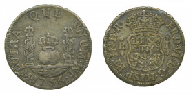 AMÉRICA. Fernando VI (1746-1759). 1756 JM. 1 real. Lima. Columnario (AC 159) 3,3 g AR. 2 golpecitos y marquita. Patina
mbc