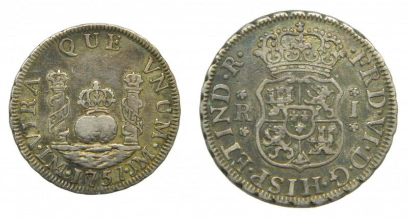 AMÉRICA. Fernando VI (1746-1759). 1757 JM. 1 real. Lima. Columnario (AC 160) 3,3...