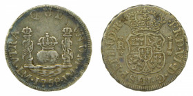 AMÉRICA. Fernando VI (1746-1759). 1758 JM. 1 real. Lima. Columnario (AC 162) 3,29 g AR. limadura en canto.
mbc