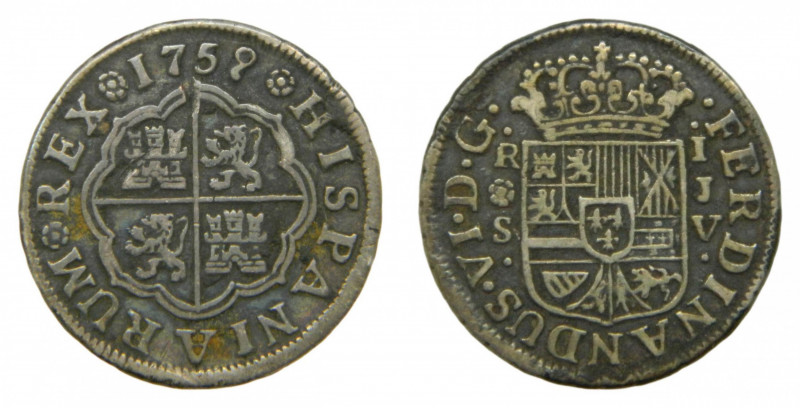 ESPAÑA. Fernando VI (1746-1759). 1759 JV. 1 real. Sevilla. (AC 241) 2,85 g AR.
...