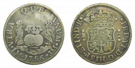 AMÉRICA. Fernando VI (1746-1759). 1756 JM. 2 reales. Lima. Columnario (AC 273) 6,41 g AR. Agujero tapado.
bc