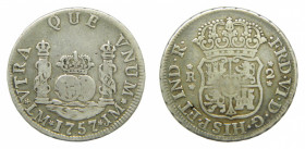 AMÉRICA. Fernando VI (1746-1759). 1757 JM. 2 reales. Lima. Columnario (AC 275) 6,45 g AR.
bc+