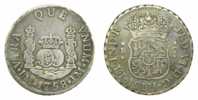 AMÉRICA. Fernando VI (1746-1759). 1758 JM. 2 reales. Lima. Columnario (AC 276) 6,51 g AR.
bc+