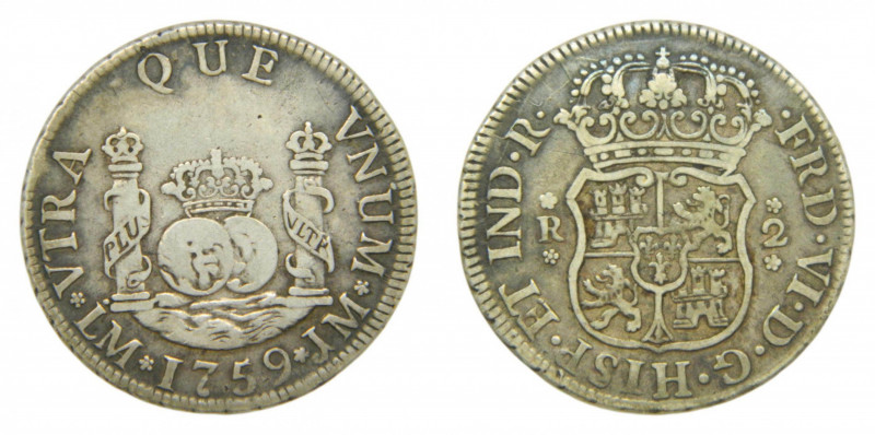 AMÉRICA. Fernando VI (1746-1759). 1759 JM. 2 reales. Lima. Columnario (AC 277) 6...