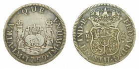 AMÉRICA. Fernando VI (1746-1759). 1759 JM. 2 reales. Lima. Columnario (AC 277) 6,55 g AR.
mbc