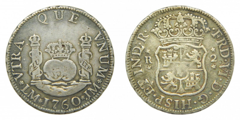 AMÉRICA. Fernando VI (1746-1759). 1760 JM. 2 reales. Lima. Columnario (AC 279) 6...