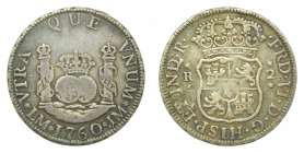 AMÉRICA. Fernando VI (1746-1759). 1760 JM. 2 reales. Lima. Columnario (AC 279) 6,76 g AR.
mbc-