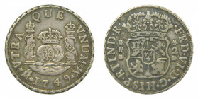 AMÉRICA. Fernando VI (1746-1759). 1749 M. 2 reales. México. Columnario (AC 288) 6,8 g AR. Empieza y acaba con . la leyenda de reverso. patina.
mbc+