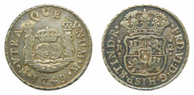 AMÉRICA. Fernando VI (1746-1759). 1749 M. 2 reales. México. Columnario (AC 288 Var) 6,61 g AR. Empieza y acaba con flor la leyenda de reverso. 
mbc+...