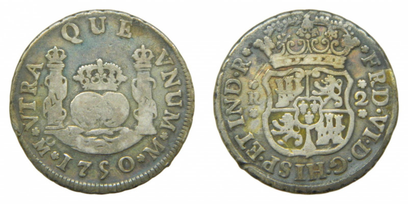 AMÉRICA. Fernando VI (1746-1759). 1750 M. 2 reales. México. Columnario (AC 289) ...