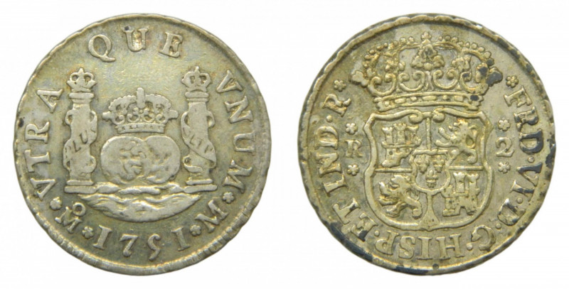 AMÉRICA. Fernando VI (1746-1759). 1751/41 M. 2 reales. México. Columnario (AC 29...