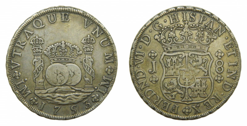 AMÉRICA. Fernando VI (1746-1759). 1753 J 8 reales. Lima. Columnario (AC 455) 26,...