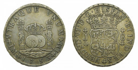 AMÉRICA. Fernando VI (1746-1759). 1753 J 8 reales. Lima. Columnario (AC 455) 26,97 g AR. Patina
mbc