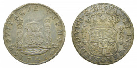 AMÉRICA. Fernando VI (1746-1759). 1748 MF 8 reales. México. Columnario (AC 471) 26,97 g AR. Bonita pagina 
mbc+