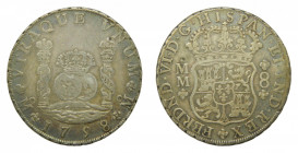 AMÉRICA. Fernando VI (1746-1759). 1758 MM 8 reales. México. Columnario (AC 494) 26,8 g AR.Bonita patina 
mbc+