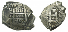 AMÉRICA. Fernando VI (1746-1759). 1760 Q. 8 reales. Potosí. (AC 538) 27,35 g AR. Doble fecha. Rara con gran parte del nombre del rey.
mbc+