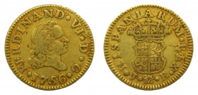 ESPAÑA. Fernando VI (1746-1759). 1756. JB. 1/2 escudo. Madrid. (AC 559). Au 1,73 g.
mbc
