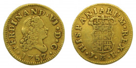 ESPAÑA. Fernando VI (1746-1759). 1757. JB. 1/2 escudo. Madrid. (AC 561). Au 1,77 g.
mbc