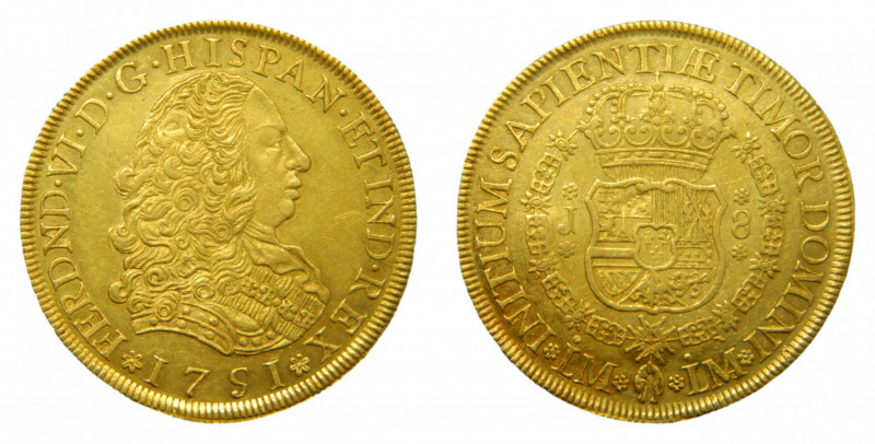 AMÉRICA. Fernando VI (1746-1759). 1751 LM. 8 escudos. Lima. (AC 764). Au 26,97 g...