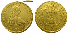 AMÉRICA. Fernando VI (1746-1759). 1758/7 J. 8 escudos. Santiago. (AC 834). Au 26,97 g. Agujerito a las 12 y a las 6. Posiblemente estuvo colgada.
mbc...