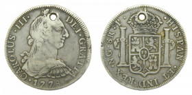 AMÉRICA. Carlos III (1759-1788). 1778 P. NG. 8 reales. Guatemala . (AC 1010). 26,66 g. AR. Agujero.
bc
