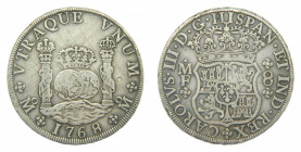 AMÉRICA. Carlos III (1759-1788). 1768 FM. 8 reales. México. Columnario (AC 1094). 26,72 g. AR. Rayitas entrecruzadas en anverso. Curioso resello en an...