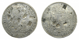 AMÉRICA. Carlos III (1759-1788). 1785 FM . 8 reales. México. (AC 1127). 26,6 g. AR. Resellos chinos, muy interesante.
mbc