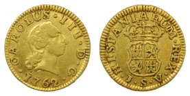 ESPAÑA. Carlos III (1759-1788). 1762. JV. 1/2 escudo. Sevilla. (AC 1290) (Cal. 786). Au 1,76 g. RARA.
mbc