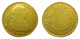 AMÉRICA. Carlos III (1759-1788). 1764 JM. Lima. 8 escudos. (AC. 1917) (Cal.Onza 678). 26,96 g Au. Primer tipo "cara de rata". Hoja en reverso. Golpeci...