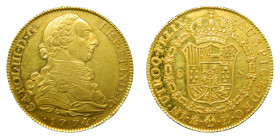 ESPAÑA. Carlos III (1759-1788). 1774 PJ. Madrid. 8 escudos. (AC.1960) (Cal.54). 27,16 g Au. Restos de Brillo original en anverso. Brillo original y gr...