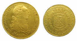 AMÉRICA. Carlos III (1759-1788). 1767 MF. Mexico. 8 escudos. Tipo "cara de rata". (AC.1992 ).Rayita en anverso. 26,97 g Au. parte de brillo original. ...