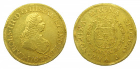 AMÉRICA. Carlos III (1759-1788). 1762 J. Popayán. 8 escudos. (AC.2028).Busto de Fernando VI. Golpecitos en canto. Parte de brillo original. 26,87 g Au...