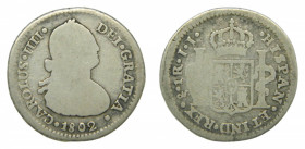 AM&Eacute;RICA. Carlos IV (1788-1808). 1802 JJ. 1 real. Santiago (AC 522 var). 3,03 g AR.
bc