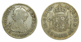 AM&Eacute;RICA. Carlos IV (1788-1808). 1790 IJ. 2 reales. Lima (AC 569). 6,56 g AR. Busto de Carlos III. Ordinal IV.
bc+