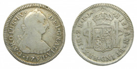 AM&Eacute;RICA. Carlos IV (1788-1808). 1791 IJ. 2 reales. Lima (AC 571). 6,45 g AR. Busto de Carlos III. Ordinal IV.
bc
