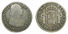 AM&Eacute;RICA. Carlos IV (1788-1808). 1806 JP. 2 reales. Lima (AC 591). 6,51 g AR.
bc