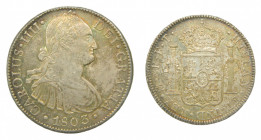 AM&Eacute;RICA. Carlos IV (1788-1808). 1803 FT . 8 reales. Mexico (AC 977). 27 g AR. Restos de Brillo original
ebc+