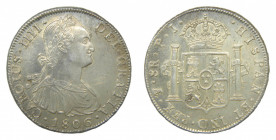 AM&Eacute;RICA. Carlos IV (1788-1808). 1806 PJ . 8 reales. Potos&iacute; (AC 1012). 26,97 g AR. Leves rayitas en anverso. limpiada.
mbc+