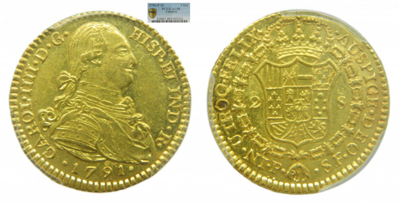AM&Eacute;RICA. Carlos IV (1788-1808). 1791 SF. 2 escudos. Popay&aacute;n. (AC 1...
