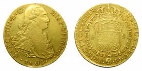AM&Eacute;RICA. Carlos IV (1788-1808). 1802 IJ. 8 escudos. Lima. (AC 1604) 27,07 g Au. Leves rayitas de ajuste en reverso.
mbc