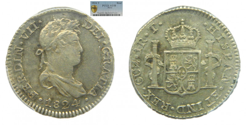 AMÉRICA. Fernando VII (1808-1833). 1824 T. 1 real. Cuzco. Peru (AC 537). PCGS AU...