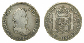 AMÉRICA. Fernando VII (1808-1833). 1815 JP. 2 reales. Lima (AC 815). 5,74 g. AR.
bc+