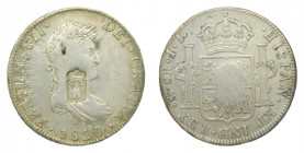 AMÉRICA. Fernando VII (1808-1833). 1820 JJ 8 reales. México. (AC 1336). 26,74 g AR. Rayitas. Resello de Portugal (km#440.15) 870 reis. 
mbc-